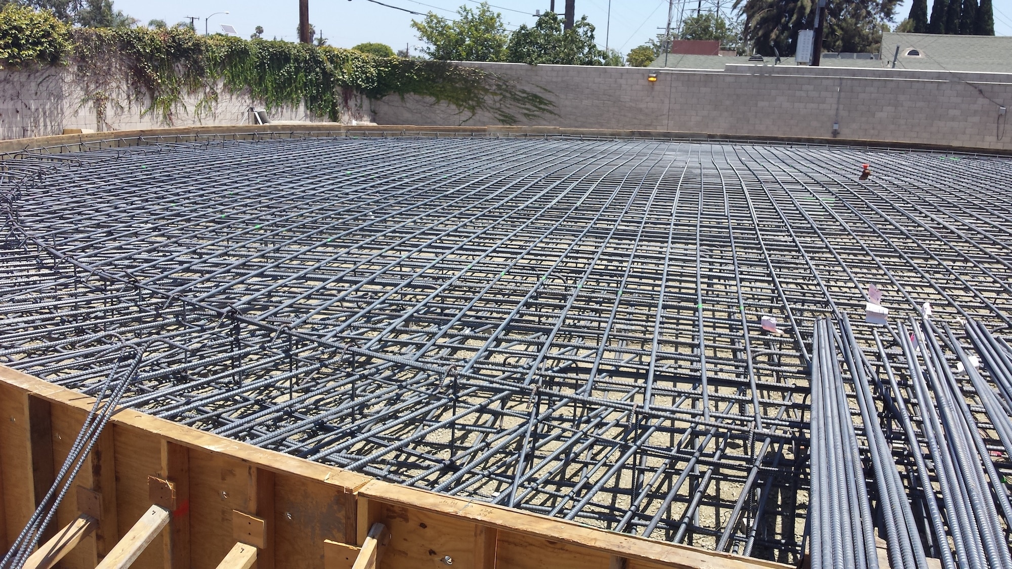 Construction site with steel reinforcement grid