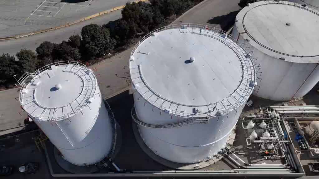 Large industrial storage tanks aerial view