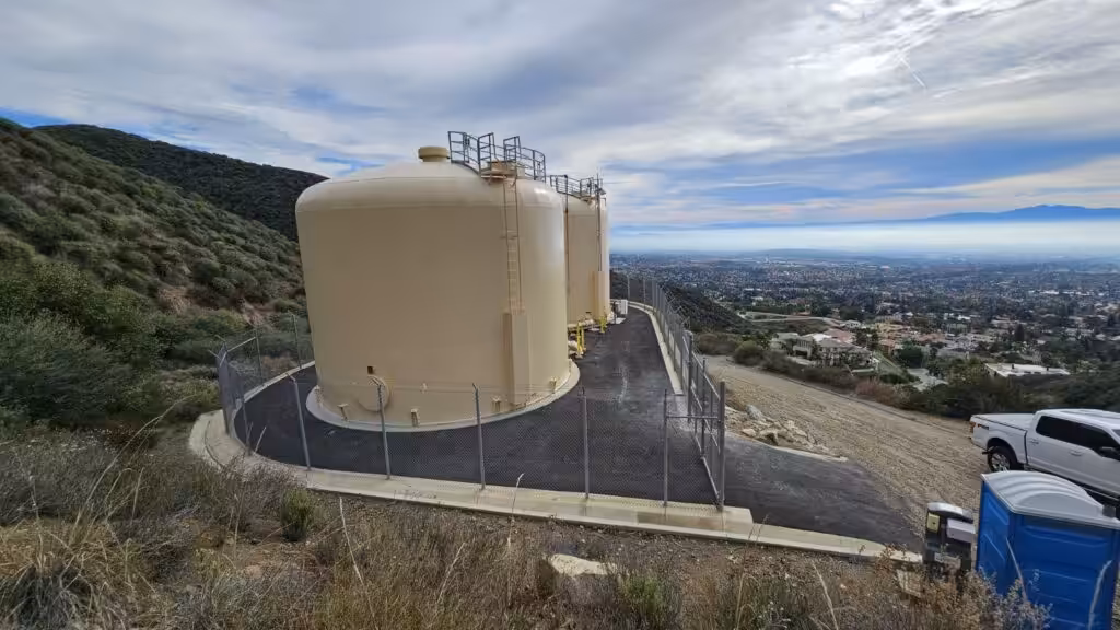 120,324-gallon welded steel water storage tank in California — Holly Drive Steel Tank Reservoirs